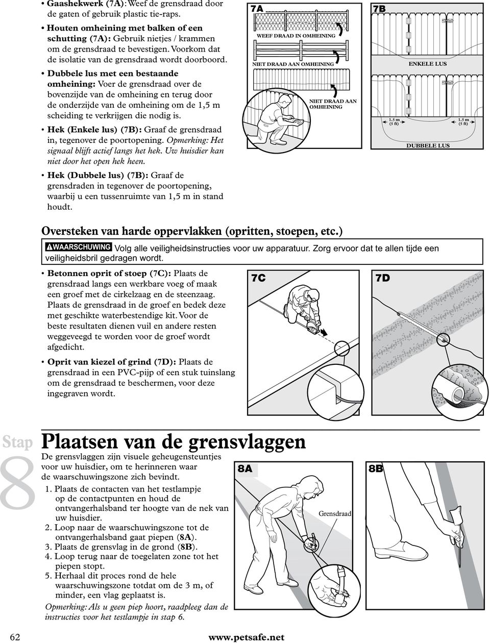 Hek (Enkele lus) (7B): Graaf de grensdraad in, tegenover de poortopening. Opmerking: Het signaal blijft actief langs het hek. Uw huisdier kan niet door het open hek heen.