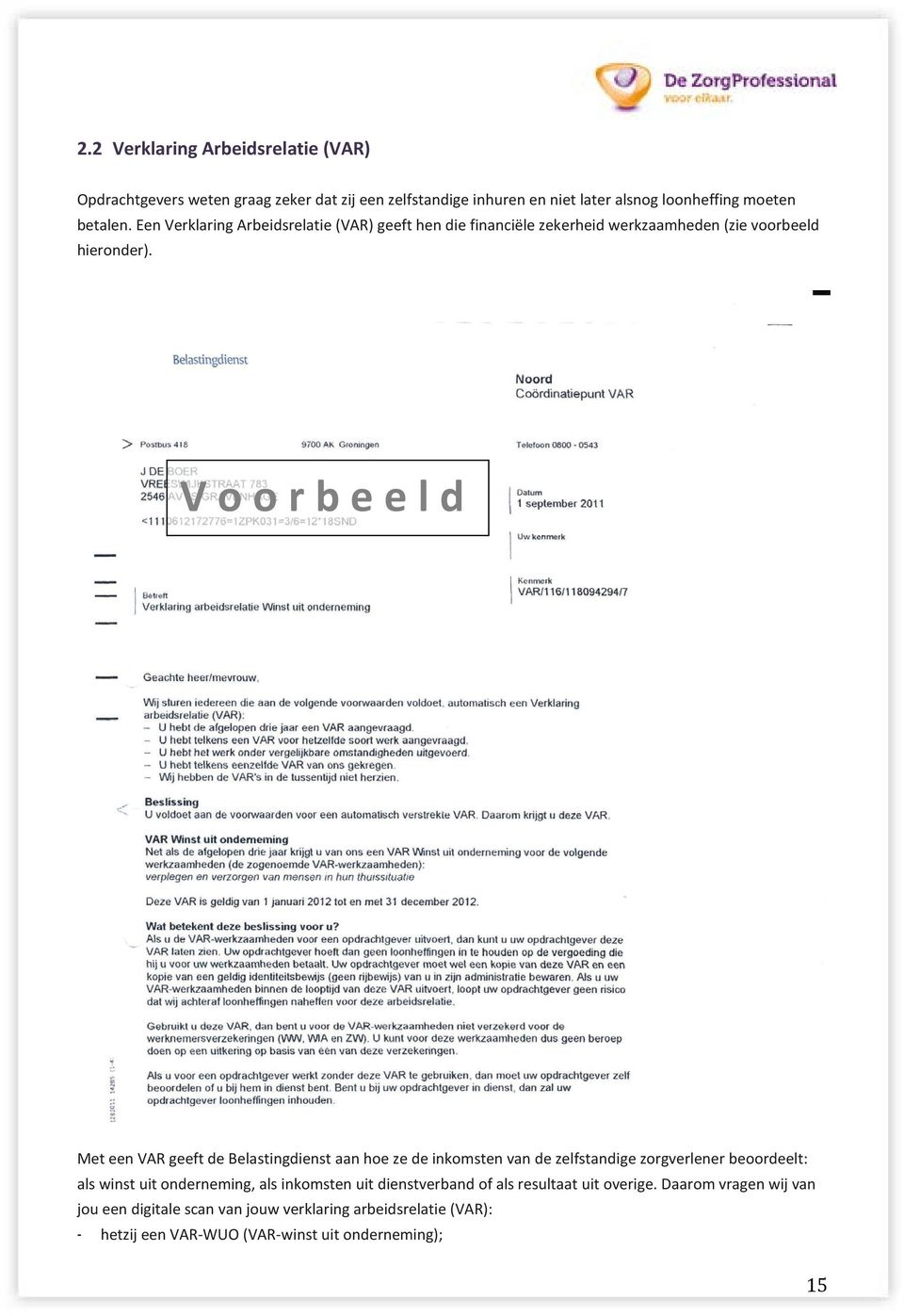 V o o r b e e l d Met een VAR geeft de Belastingdienst aan hoe ze de inkomsten van de zelfstandige zorgverlener beoordeelt: als winst uit onderneming,