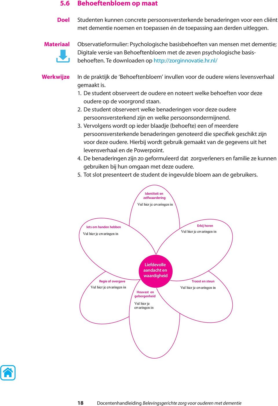 nl/ In de praktijk de Behoeftenbloem invullen voor de oudere wiens levensverhaal gemaakt is. 1. De student observeert de oudere en noteert welke behoeften voor deze oudere op de voorgrond staan. 2.