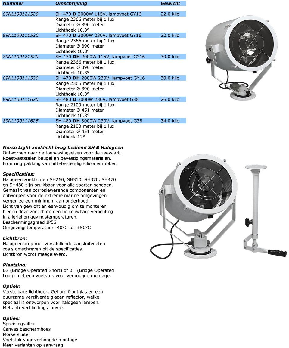 0 kilo Lichthoek 12 Norse Light zoeklicht brug bediend SH B Halogeen Ontworpen naar de toepassingseisen voor de zeevaart. Roestvaststalen beugel en bevestigingsmaterialen.
