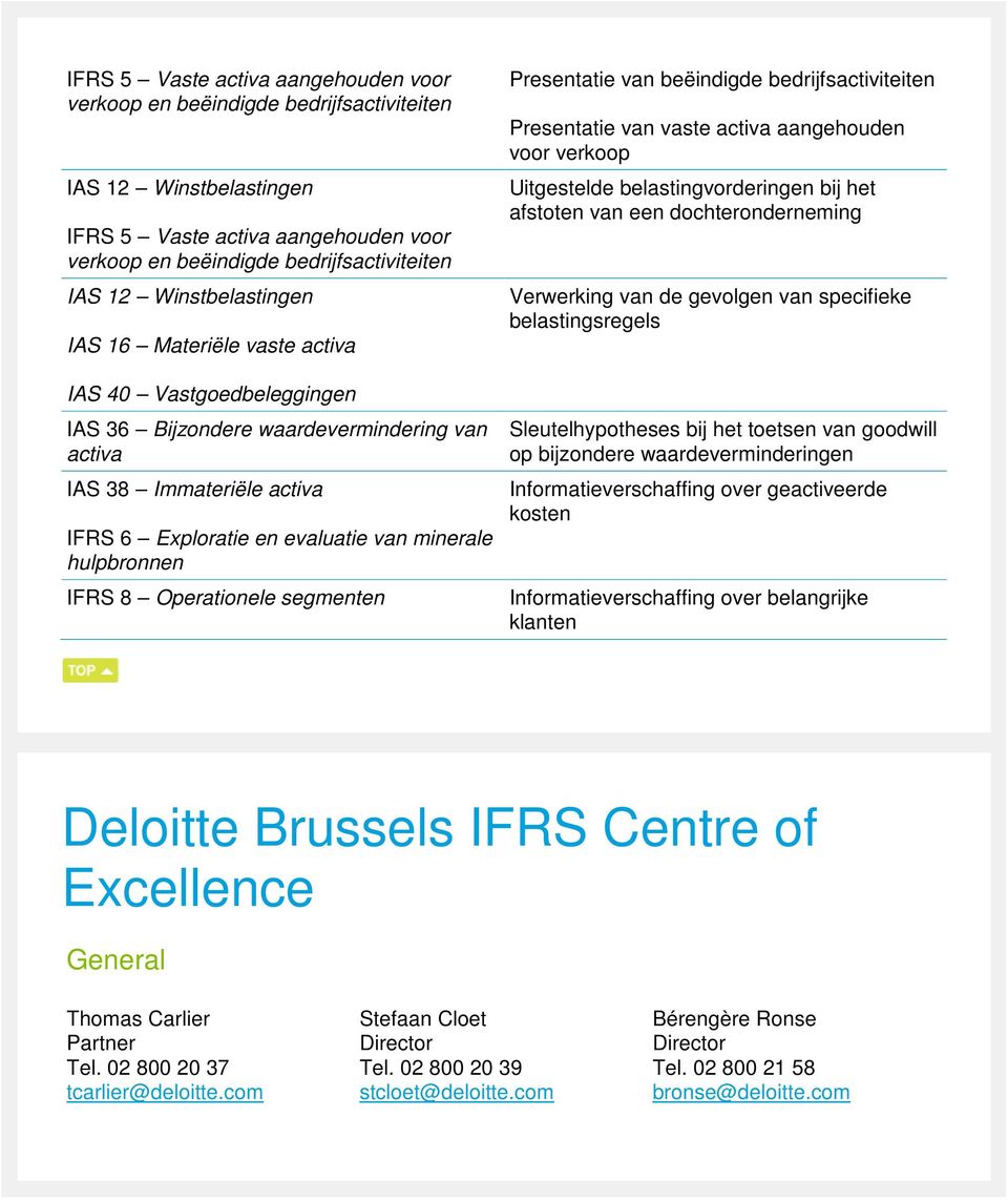 hulpbronnen IFRS 8 Operationele segmenten Presentatie van beëindigde bedrijfsactiviteiten Presentatie van vaste activa aangehouden voor verkoop Uitgestelde belastingvorderingen bij het afstoten van