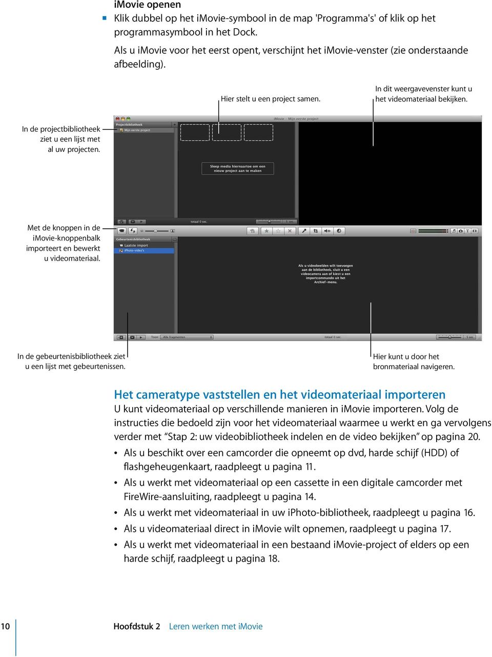 In de projectbibliotheek ziet u een lijst met al uw projecten. Met de knoppen in de imovie-knoppenbalk importeert en bewerkt u videomateriaal.