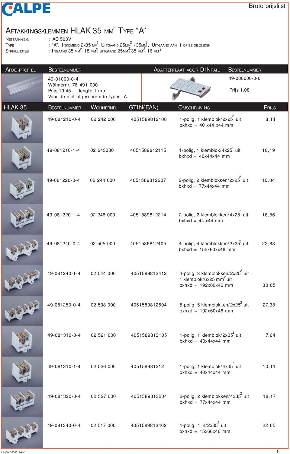 Voor de niet afgeschermde types A 49-080000-0-0 Prijs 1,08 HLAK 35 BESTELNUMMER WÖHNERNR.