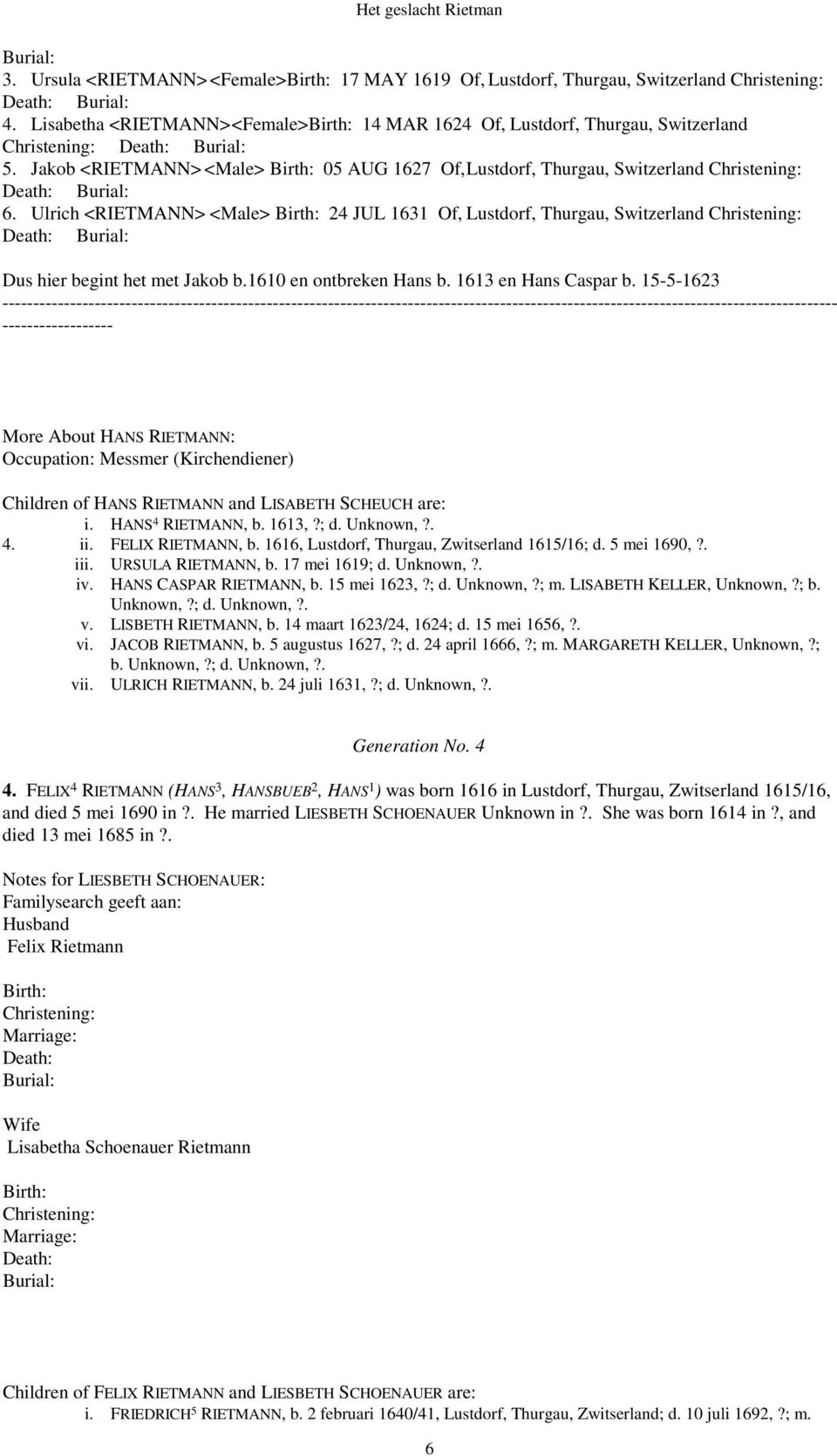 Jakob <RIETMANN> <Male> Birth: 05 AUG 1627 Of,Lustdorf, Thurgau, Switzerland Christening: Death: Burial: 6.