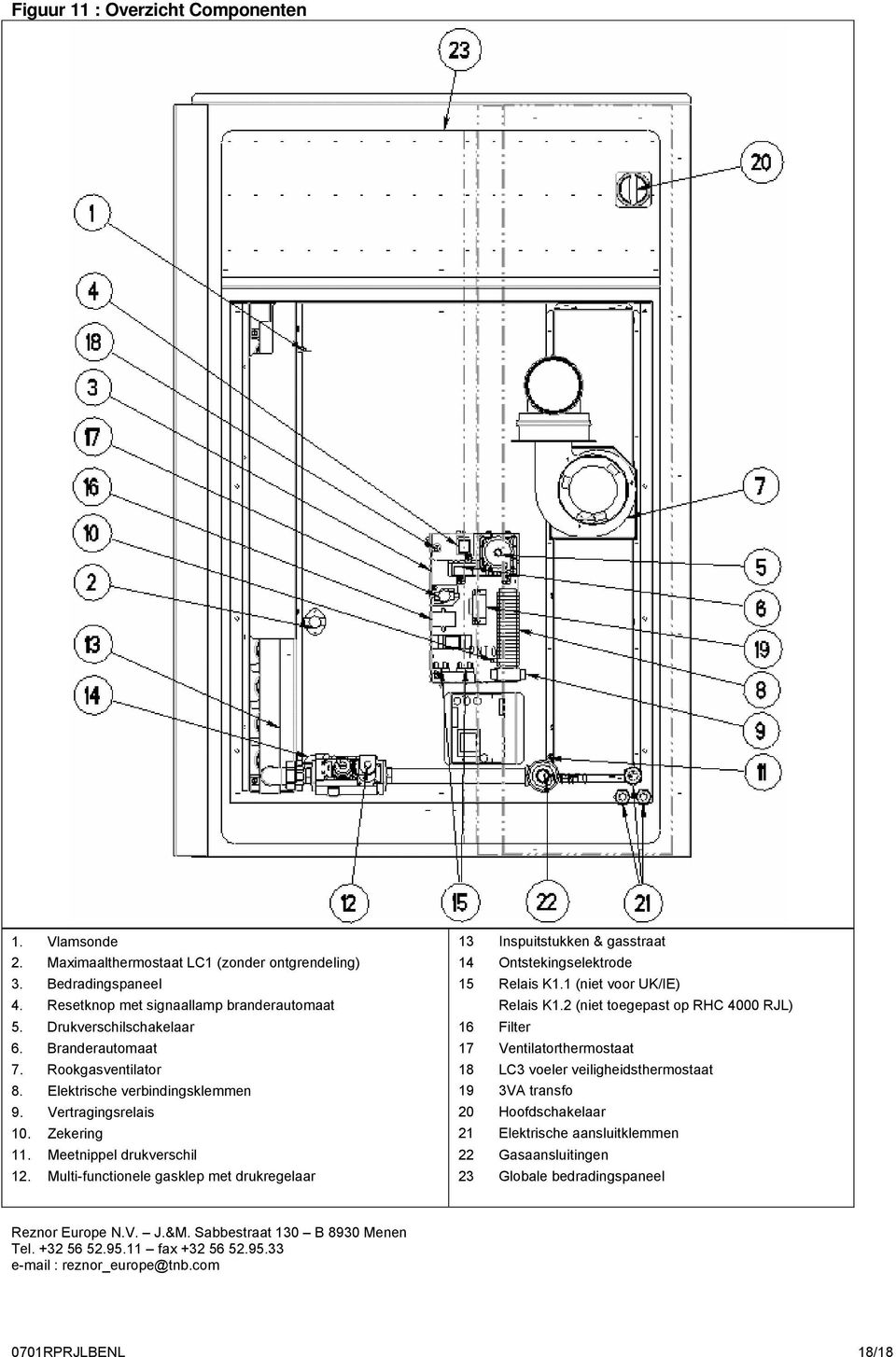 Multi-functionele gasklep met drukregelaar 13 Inspuitstukken & gasstraat 14 Ontstekingselektrode 15 Relais K1.1 (niet voor UK/IE) Relais K1.