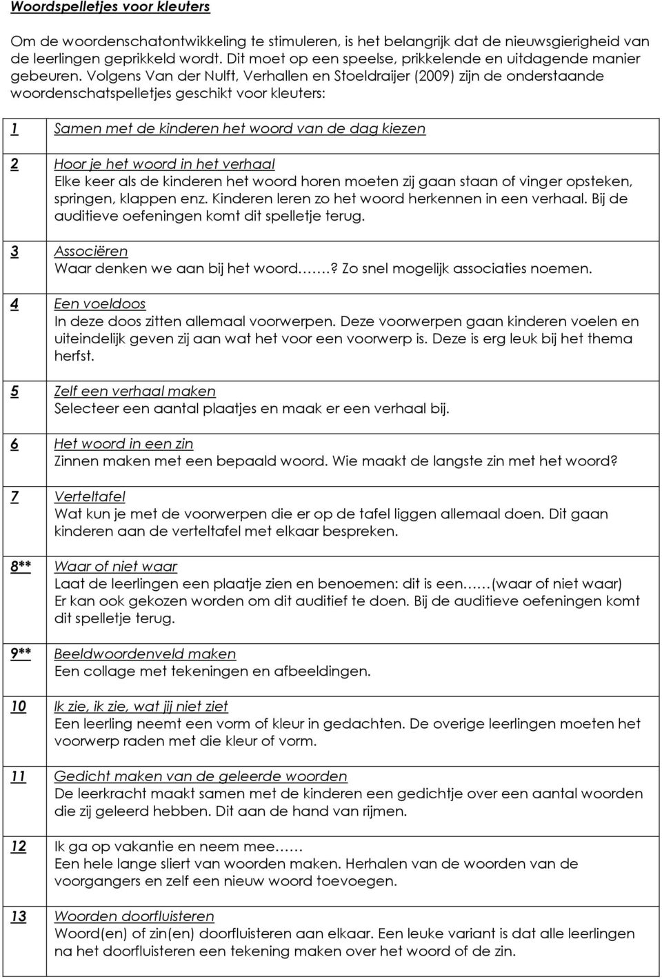 Volgens Van der Nulft, Verhallen en Stoeldraijer (2009) zijn de onderstaande woordenschatspelletjes geschikt voor kleuters: 1 Samen met de kinderen het woord van de dag kiezen 2 Hoor je het woord in