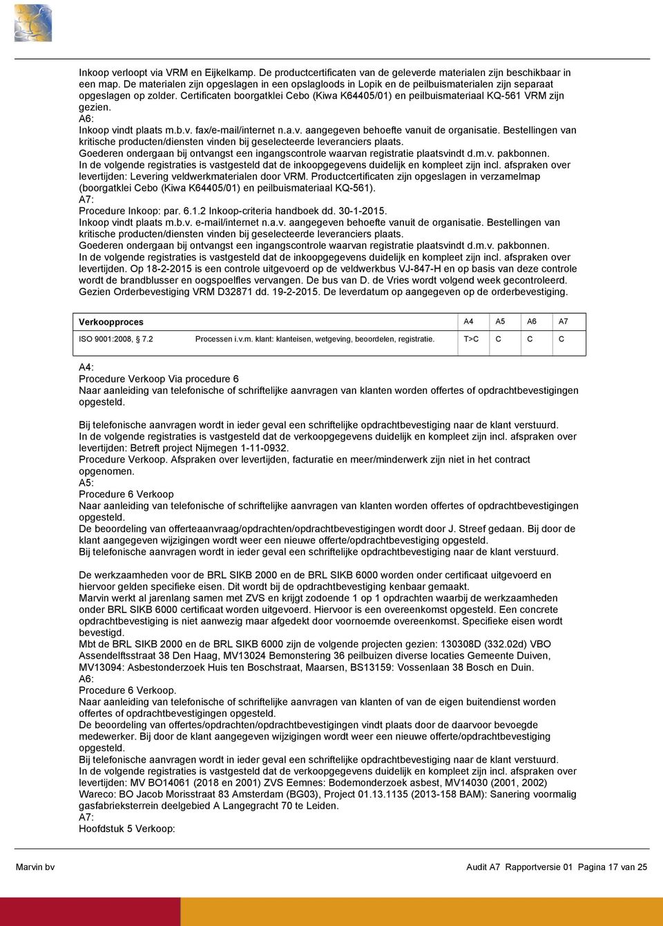 Certificaten boorgatklei Cebo (Kiwa K64405/01) en peilbuismateriaal KQ-561 VRM zijn gezien. Inkoop vindt plaats m.b.v. fax/e-mail/internet n.a.v. aangegeven behoefte vanuit de organisatie.