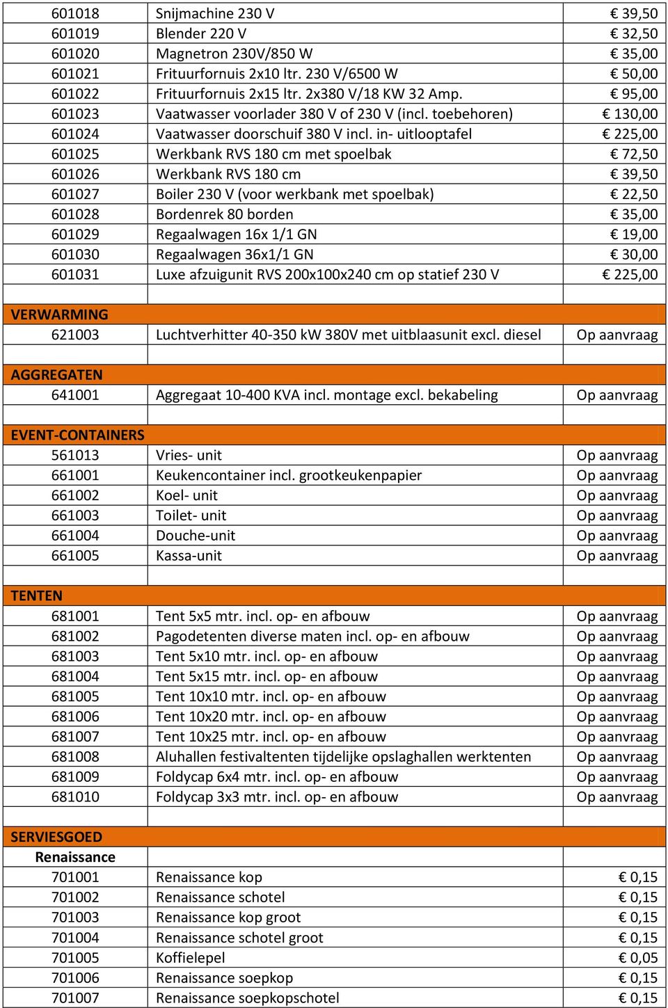 in- uitlooptafel 225,00 601025 Werkbank RVS 180 cm met spoelbak 72,50 601026 Werkbank RVS 180 cm 39,50 601027 Boiler 230 V (voor werkbank met spoelbak) 22,50 601028 Bordenrek 80 borden 35,00 601029