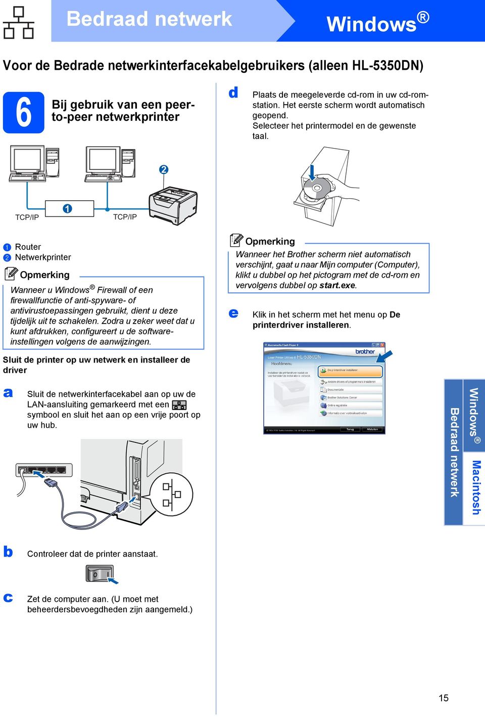 2 TCP/IP 1 TCP/IP a Router b Netwerkprinter Wanneer u Windows Firewall of een firewallfunctie of anti-spyware- of antivirustoepassingen gebruikt, dient u deze tijdelijk uit te schakelen.