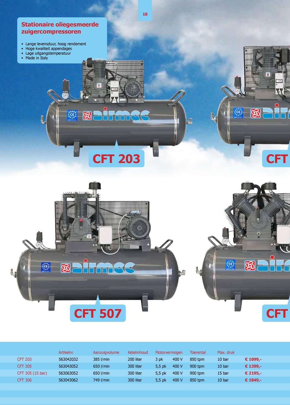 druk CFT 203 563042032 385 l/min 200 liter 3 pk 400 V 850 tpm 10 bar CFT 305 563043052 650 l/min 300 liter 5,5 pk 400 V 900 tpm 10 bar