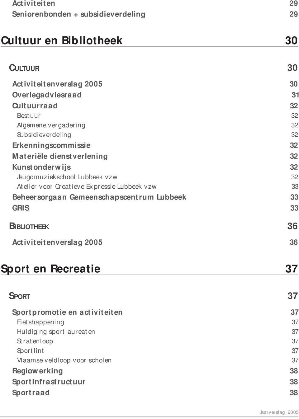 Expressie Lubbeek vzw 33 Beheersorgaan Gemeenschapscentrum Lubbeek 33 GRIS 33 BIbLIOTHEEK 36 Activiteitenverslag 2005 36 Sport en Recreatie 37 SP O R T 37 Sportpromotie en