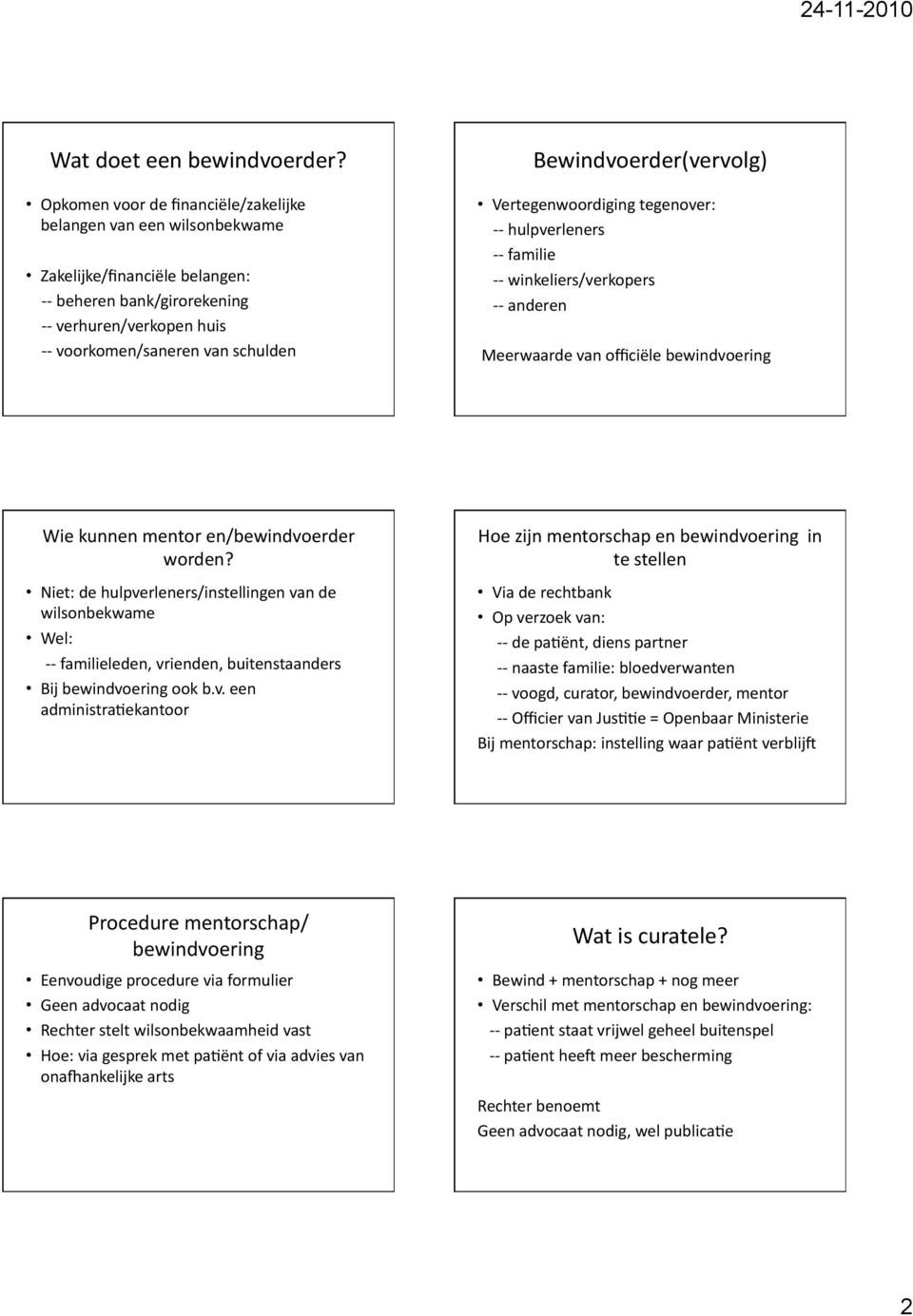 Bewindvoerder(vervolg) Vertegenwoordiging tegenover: - - hulpverleners - - familie - - winkeliers/verkopers - - anderen Meerwaarde van officiële bewindvoering Wie kunnen mentor en/bewindvoerder