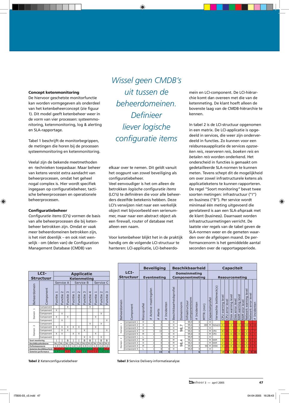 Tabel 1 beschrijft de monitorbegrippen, de metingen die horen bij de processen systeemmonitoring en ketenmonitoring. Veelal zijn de bekende meetmethoden en -technieken toepasbaar.