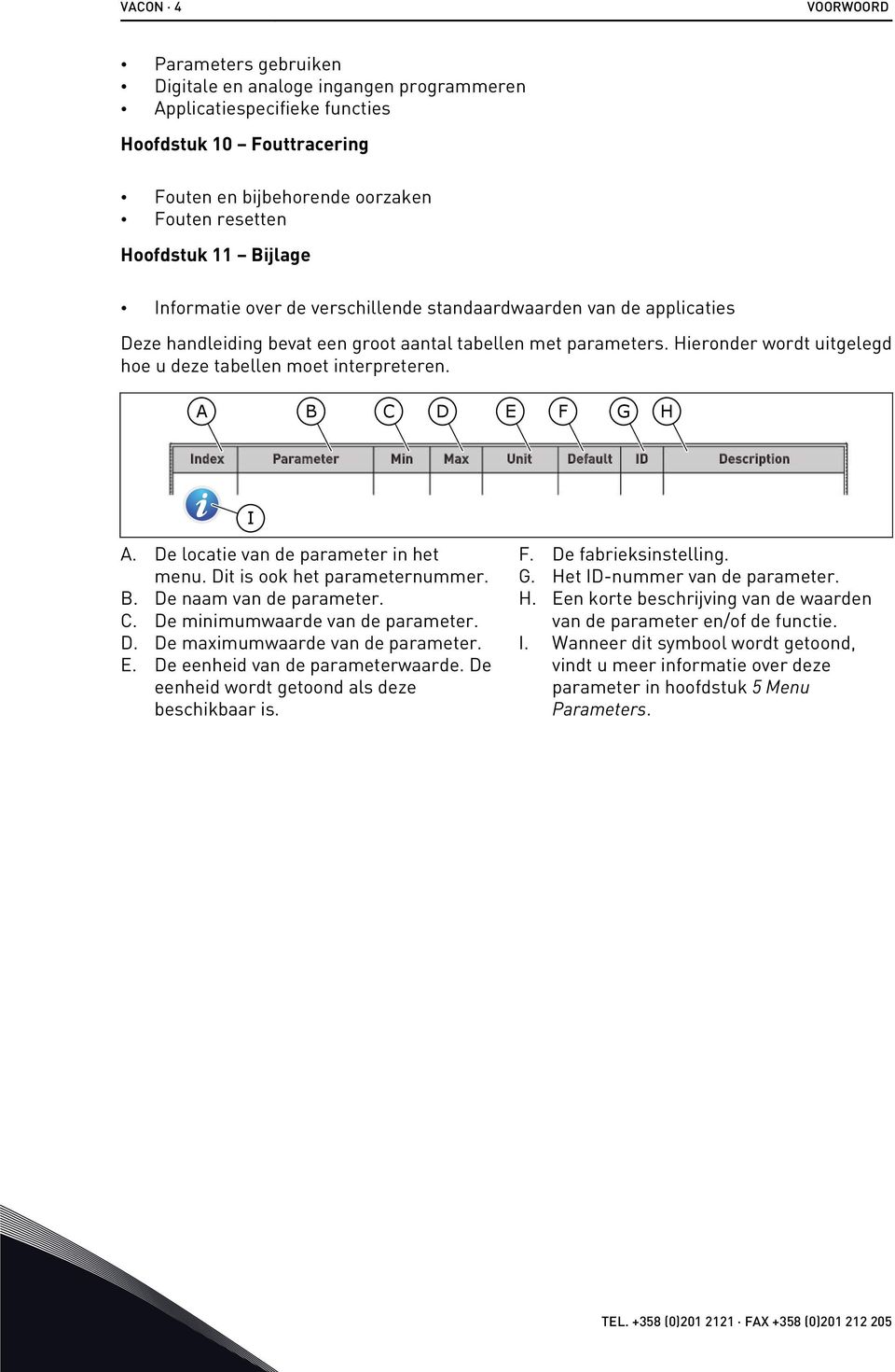 A B C D E F G H Inex Parameter Min Max Unit Default ID Description I A. De locatie van e parameter in het menu. Dit is ook het parameternummer. B. De naam van e parameter. C. De minimumwaare van e parameter.