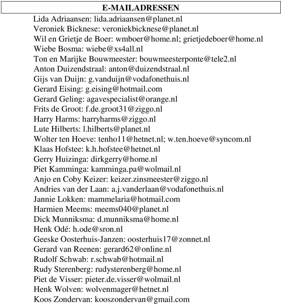 com Gerard Geling: agavespecialist@orange.nl Frits de Groot: f.de.groot31@ziggo.nl Harry Harms: harryharms@ziggo.nl Lute Hilberts: l.hilberts@planet.nl Wolter ten Hoeve: tenho11@hetnet.nl; w.ten.hoeve@syncom.