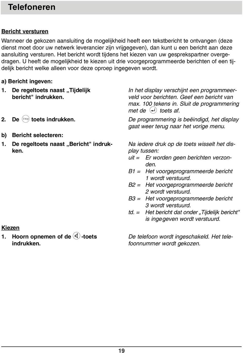 U heeft de mogelijkheid te kiezen uit drie voorgeprogrammeerde berichten of een tijdelijk bericht welke alleen voor deze oproep ingegeven wordt. a) Bericht ingeven: 1.