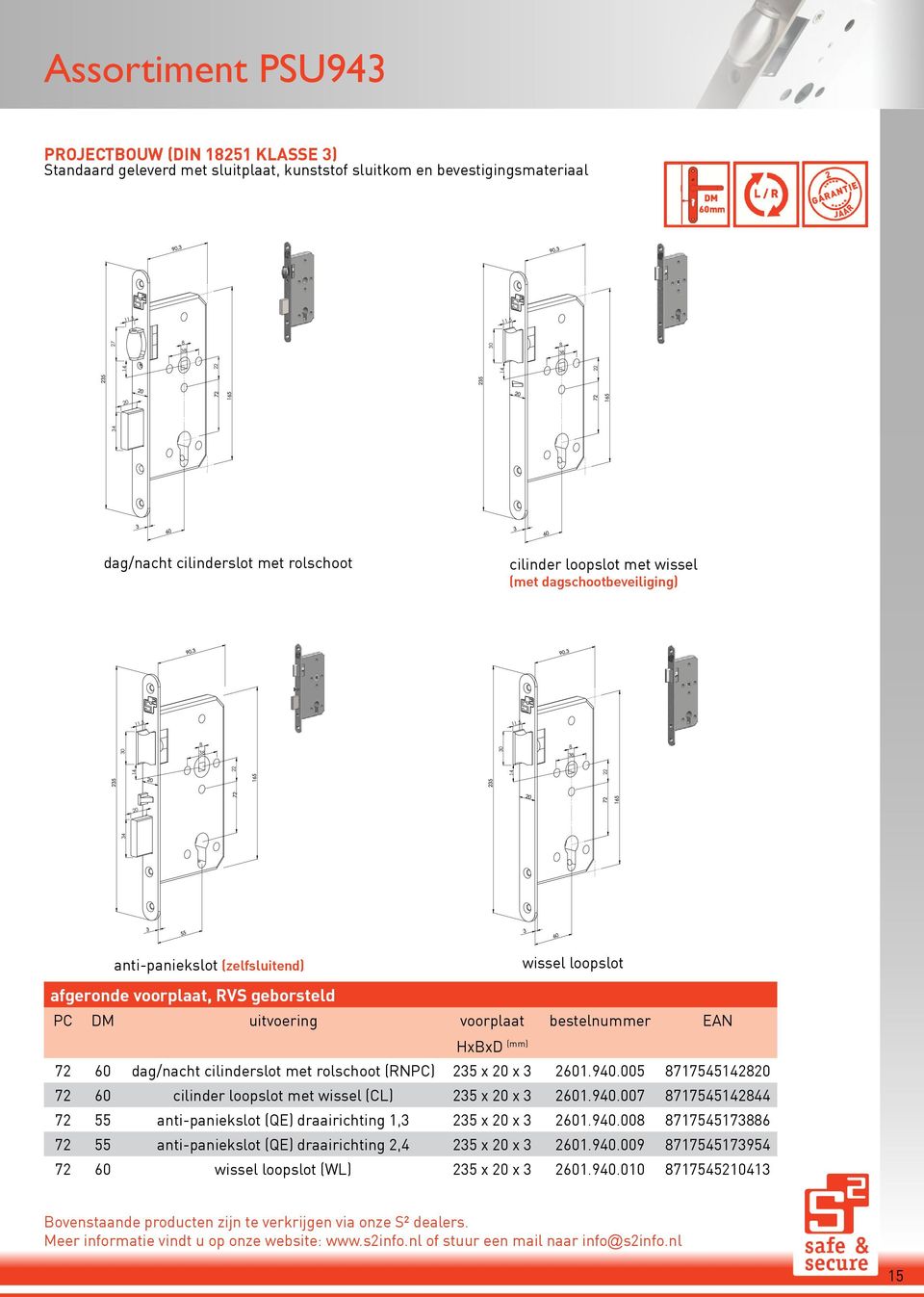 HxBxD (mm) bestelnummer EAN 72 60 dag/nacht cilinderslot met rolschoot (RNPC) 235 x x 3 2601.940.005 717545142 72 60 cilinder loopslot met wissel (CL) 235 x x 3 2601.940.007 71754514244 72 55 anti-paniekslot (QE) draairichting 1,3 235 x x 3 2601.