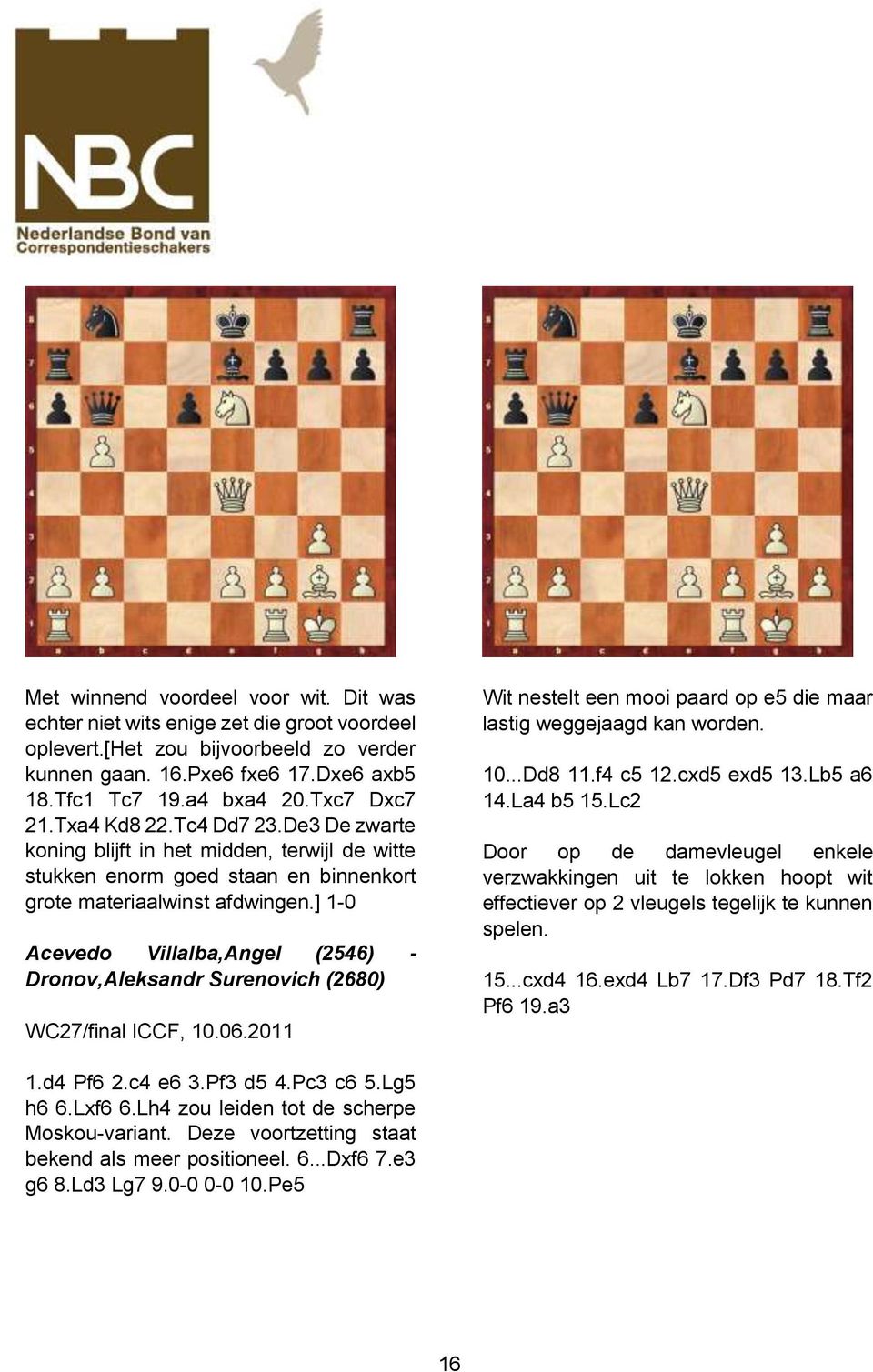 ] 1-0 Acevedo Villalba,Angel (2546) - Dronov,Aleksandr Surenovich (2680) WC27/final ICCF, 10.06.2011 Wit nestelt een mooi paard op e5 die maar lastig weggejaagd kan worden. 10...Dd8 11.f4 c5 12.