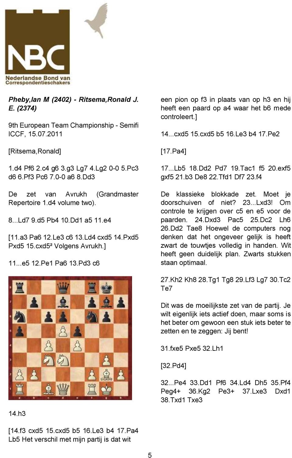 Pd3 c6 een pion op f3 in plaats van op h3 en hij heeft een paard op a4 waar het b6 mede controleert.] 14...cxd5 15.cxd5 b5 16.Le3 b4 17.Pe2 [17.Pa4] 17...Lb5 18.Dd2 Pd7 19.Tac1 f5 20.exf5 gxf5 21.