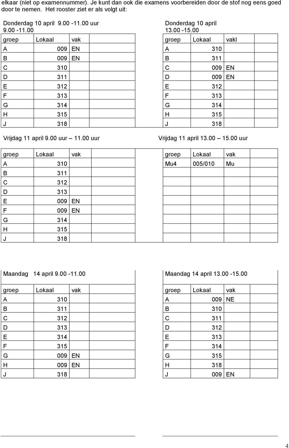 00 groep Lokaal vak groep Lokaal vakl A 009 EN A 310 B 009 EN B 311 C 310 C 009 EN D 311 D 009 EN E 312 E 312 F 313 F 313 G 314 G 314 H 315 H 315 J 318 J 318 Vrijdag 11 april 9.00 uur 11.