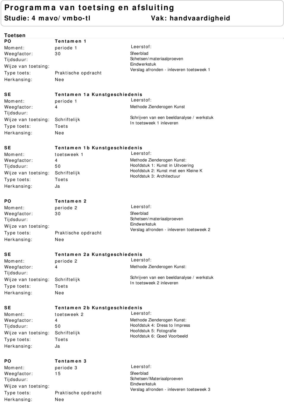 Architectuur PO Tentamen 2 periode 2 30 Sfeerblad Schetsen/materiaalproeven Eindwerkstuk Verslag afronden - inleveren Tentamen 2a Kunstgeschiedenis periode 2 4 Methode Zienderogen Kunst: Schrijven