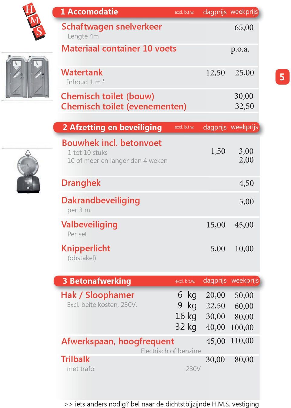 Valbeveiliging Per set Knipperlicht (obstakel) 15,00 5,00 4,50 5,00 45,00 10,00 3 Betonafwerking excl. b.t.w. dagprijs weekprijs Hak / Sloophamer Excl. beitelkosten,.