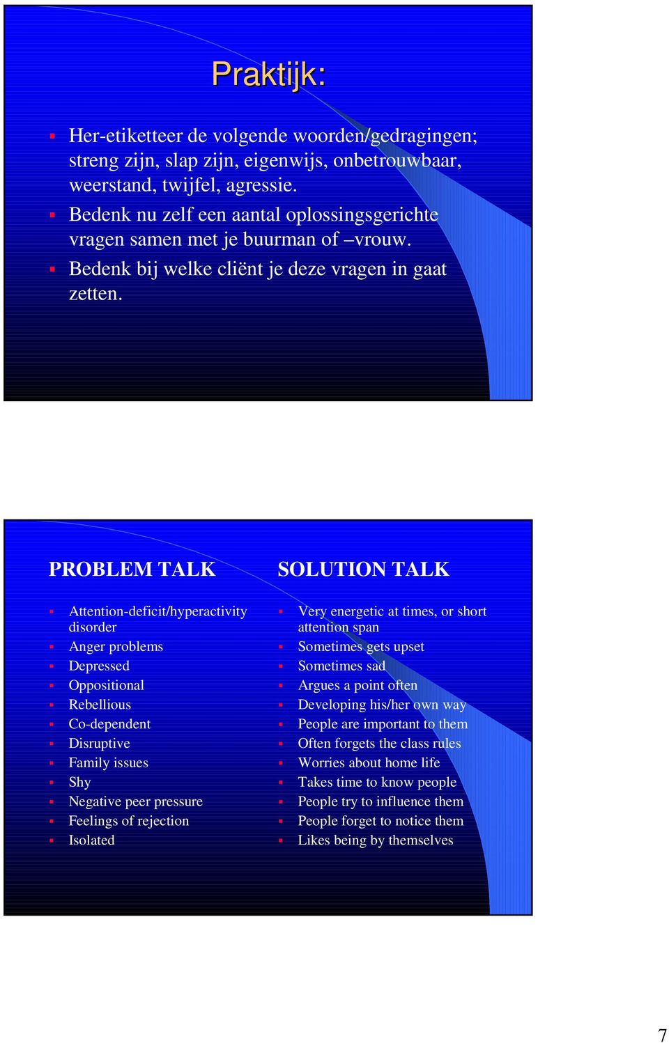 PROBLEM TALK Attention-deficit/hyperactivity disorder Anger problems Depressed Oppositional Rebellious Co-dependent Disruptive Family issues Shy Negative peer pressure Feelings of rejection Isolated