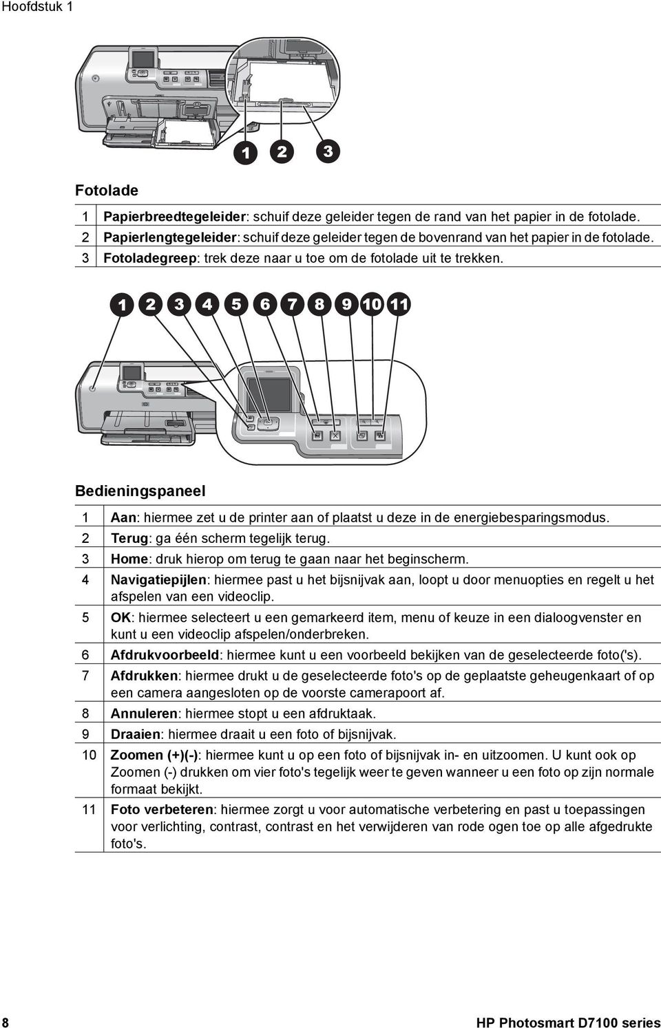 Bedieningspaneel 1 Aan: hiermee zet u de printer aan of plaatst u deze in de energiebesparingsmodus. 2 Terug: ga één scherm tegelijk terug. 3 Home: druk hierop om terug te gaan naar het beginscherm.