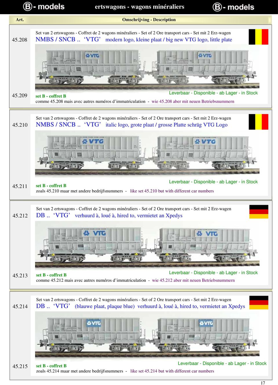 210 Set van 2 ertswagons - Coffret de 2 wagons minéraliers - Set of 2 Ore transport cars - Set mit 2 Erz-wagen NMBS / SNCB.. VTG italic logo, grote plaat / grosse Platte schräg VTG Logo 45.