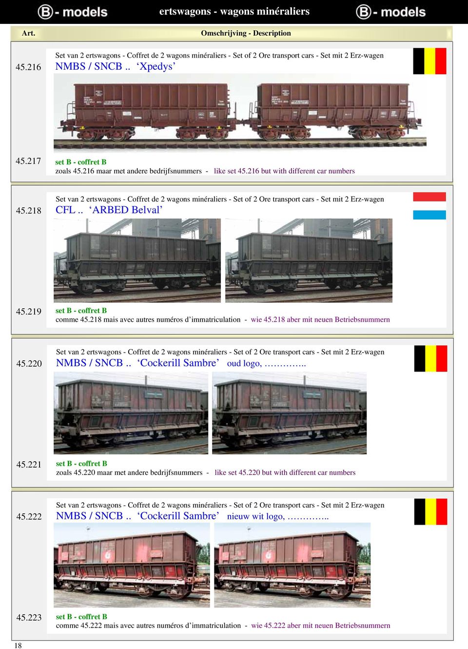 218 Set van 2 ertswagons - Coffret de 2 wagons minéraliers - Set of 2 Ore transport cars - Set mit 2 Erz-wagen CFL.. ARBED Belval 45.219 set B - coffret B comme 45.