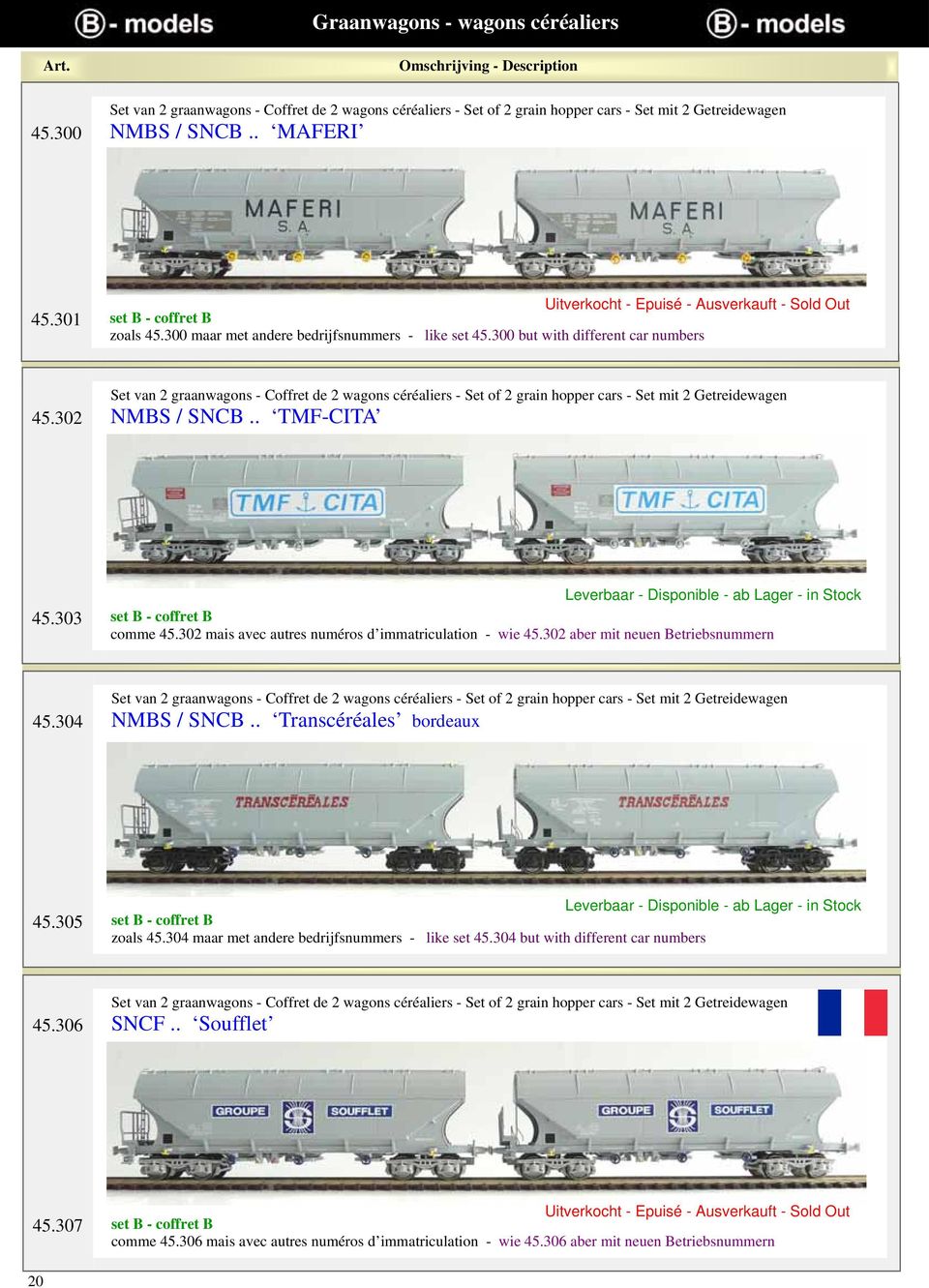 302 Set van 2 graanwagons - Coffret de 2 wagons céréaliers - Set of 2 grain hopper cars - Set mit 2 Getreidewagen NMBS / SNCB.. TMF-CITA 45.303 set B - coffret B comme 45.