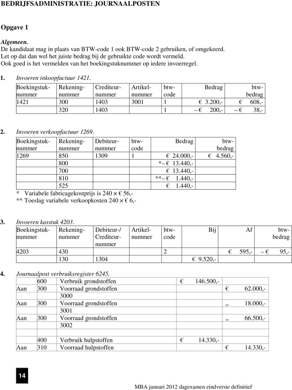 Boekingstuknummer Rekeningnummer Crediteurnummer Artikelnummer btwcode Bedrag btwbedrag 1421 300 1403 3001 1 3.200,- 608,- 320 1403 1 200,- 38,- 2. Invoeren verkoopfactuur 1269.