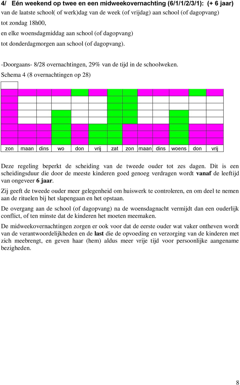 Schema 4 (8 overnachtingen op 28) zon maan dins wo don vrij zat zon maan dins woens don vrij Deze regeling beperkt de scheiding van de tweede ouder tot zes dagen.