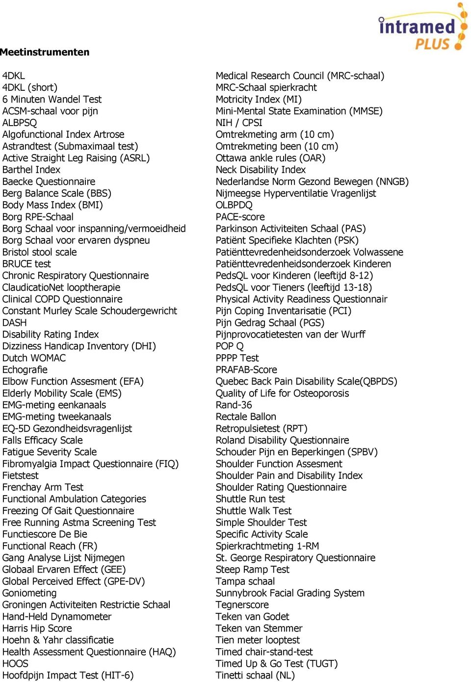 Index Neck Disability Index Baecke Questionnaire Nederlandse Norm Gezond Bewegen (NNGB) Berg Balance Scale (BBS) Nijmeegse Hyperventilatie Vragenlijst Body Mass Index (BMI) OLBPDQ Borg RPE-Schaal