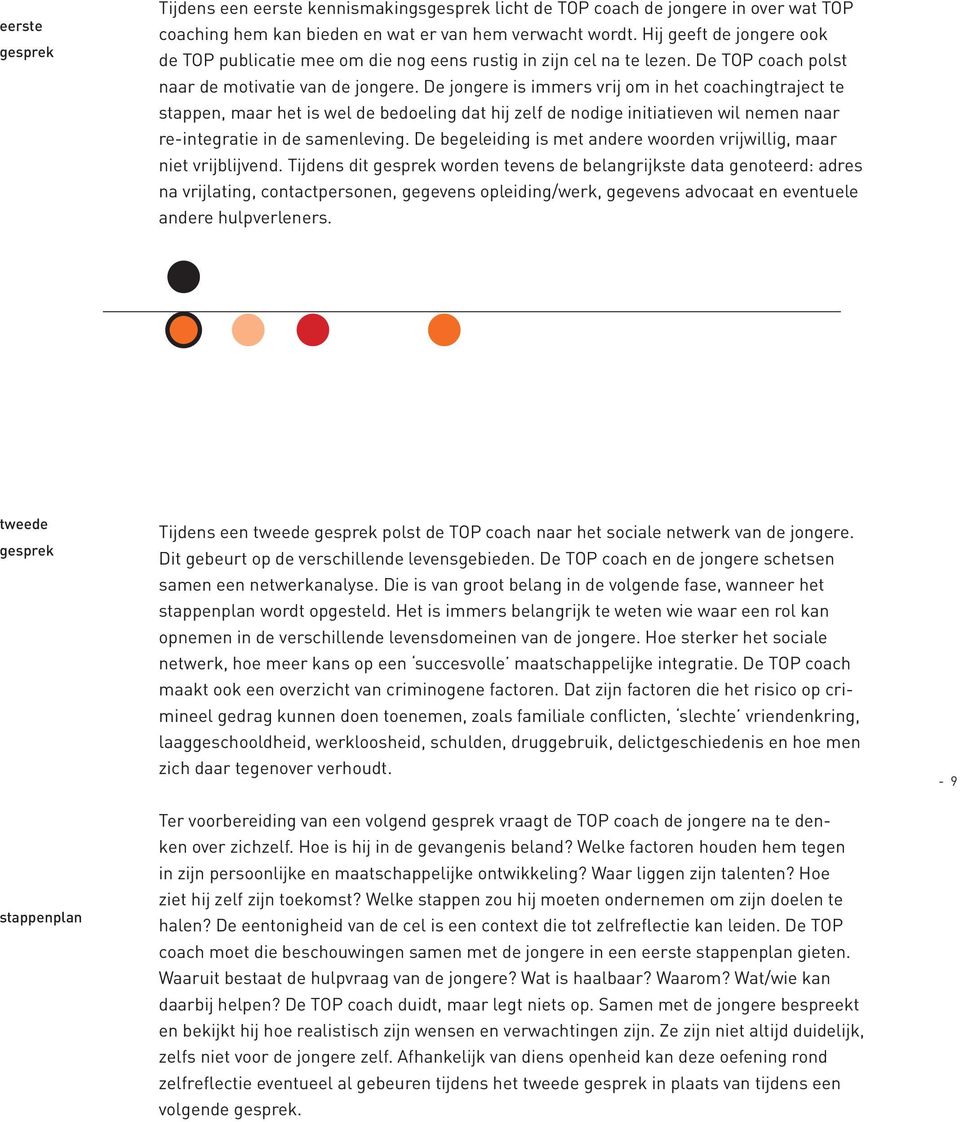 De jongere is immers vrij om in het coachingtraject te stappen, maar het is wel de bedoeling dat hij zelf de nodige initiatieven wil nemen naar re-integratie in de samenleving.