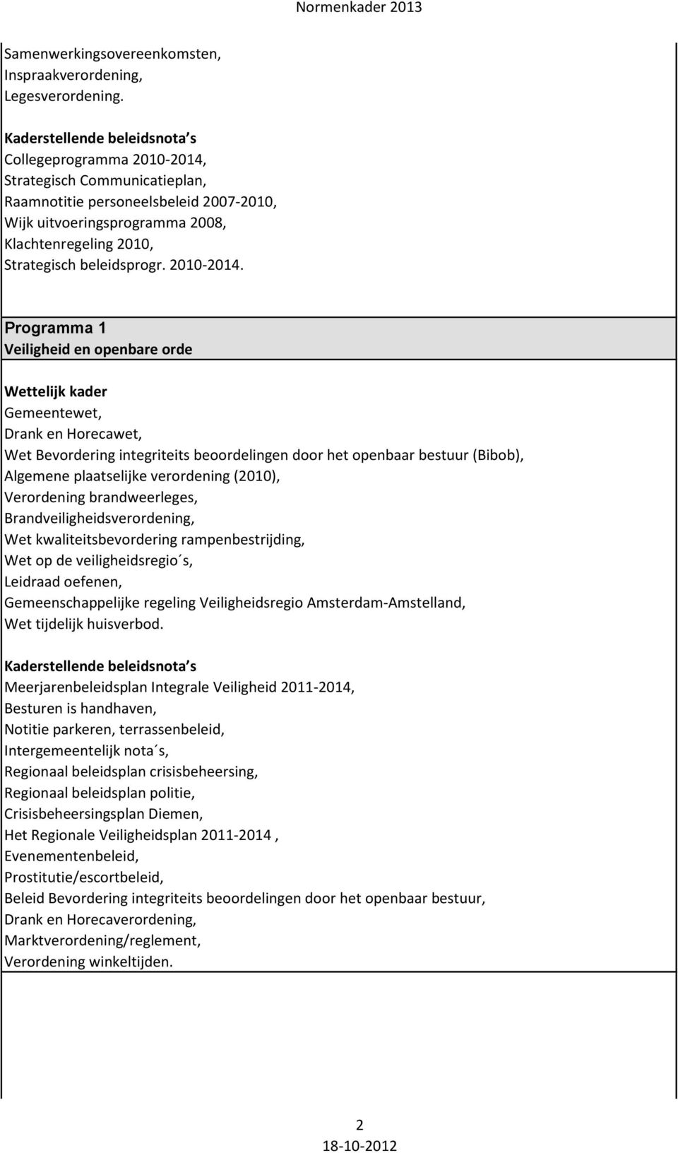 Strategisch Communicatieplan, Raamnotitie personeelsbeleid 2007-2010, Wijk uitvoeringsprogramma 2008, Klachtenregeling 2010, Strategisch beleidsprogr. 2010-2014.