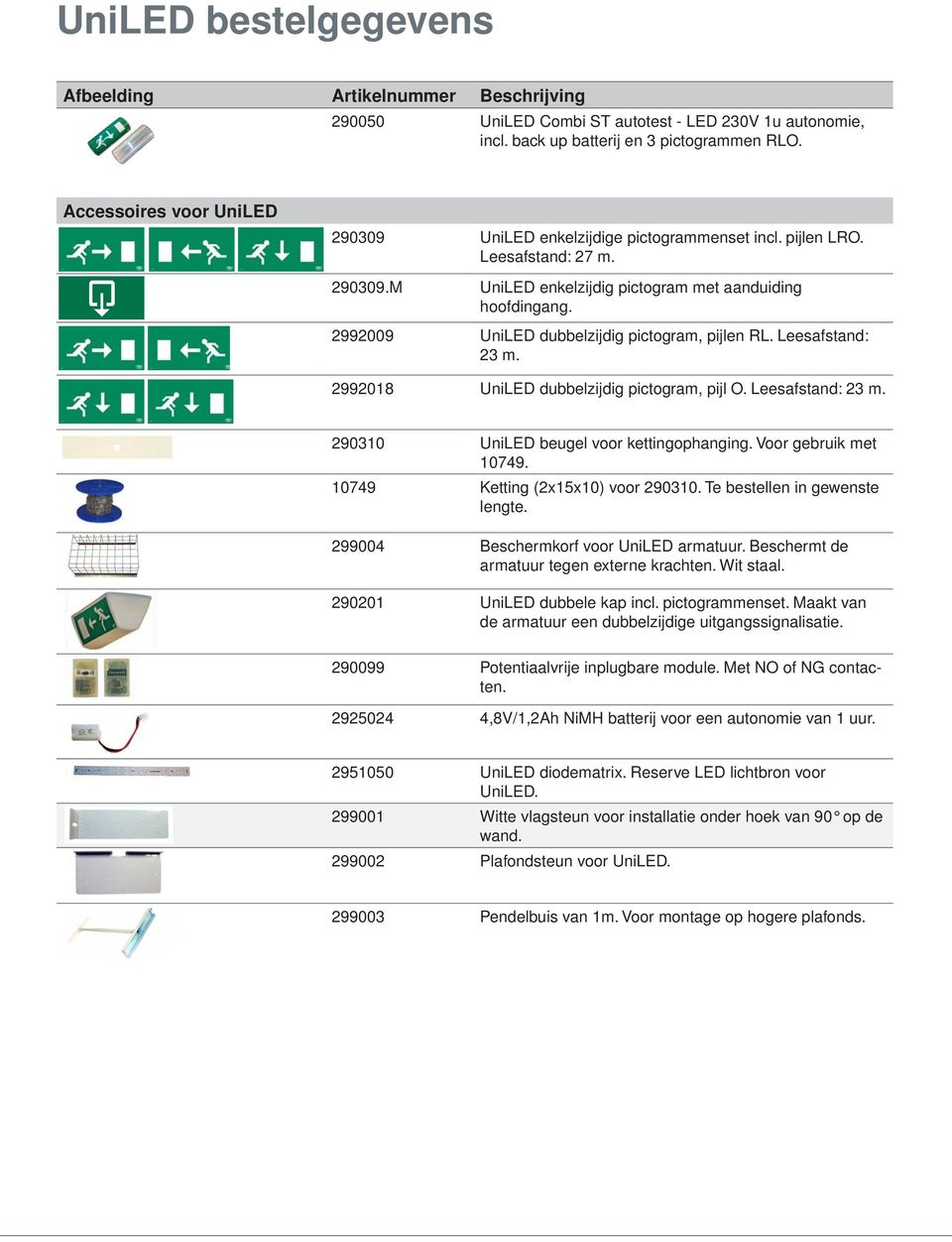 2992009 UniLED dubbelzijdig pictogram, pijlen RL. Leesafstand: 23 m. 2992018 UniLED dubbelzijdig pictogram, pijl O. Leesafstand: 23 m. 290310 UniLED beugel voor kettingophanging.