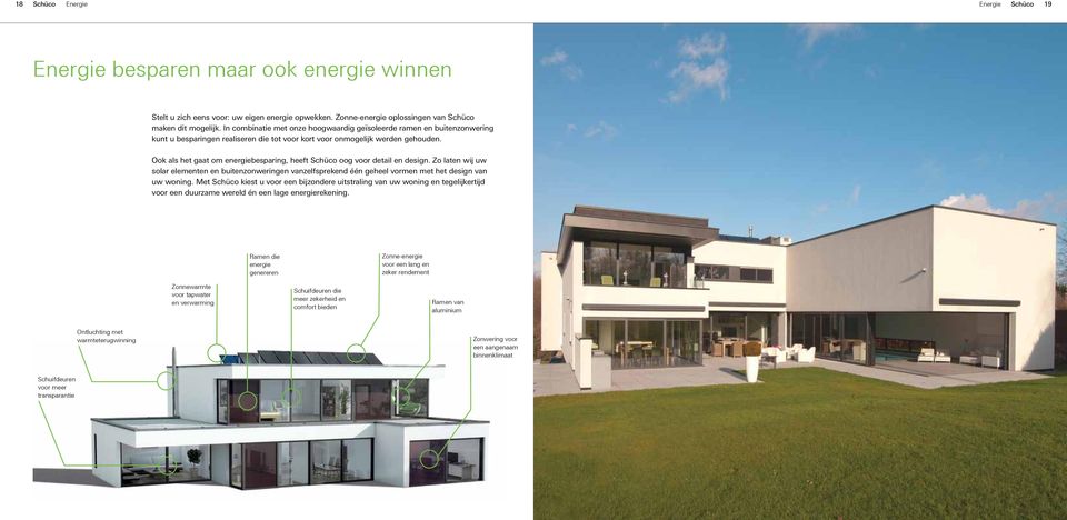 Ook als het gaat om energiebesparing, heeft Schüco oog voor detail en design. Zo laten wij uw solar elementen en buitenzonweringen vanzelfsprekend één geheel vormen met het design van uw woning.