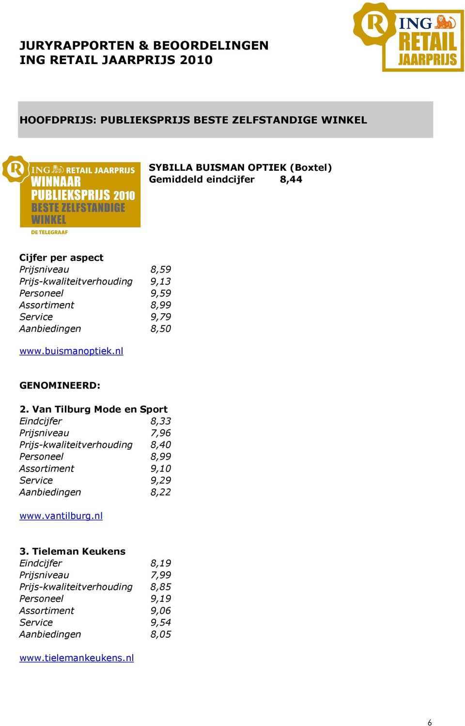 Van Tilburg Mode en Sport Eindcijfer 8,33 Prijsniveau 7,96 Prijs-kwaliteitverhouding 8,40 Personeel 8,99 Assortiment 9,10 Service 9,29 Aanbiedingen 8,22