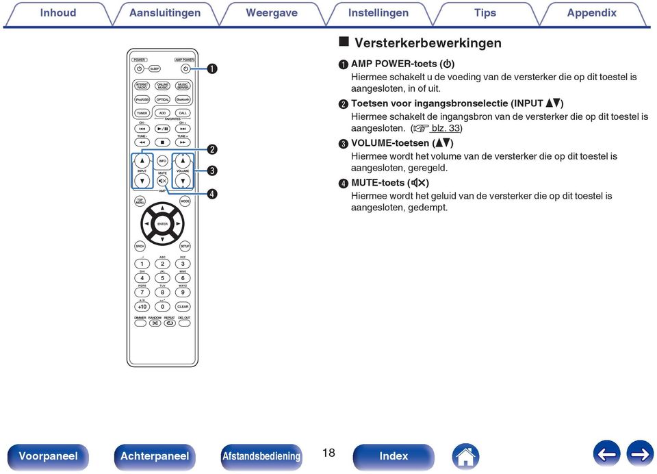 B Toetsen voor ingangsbronselectie (INPUT df) Hiermee schakelt de ingangsbron van de versterker die op dit toestel is aangesloten. (v blz.