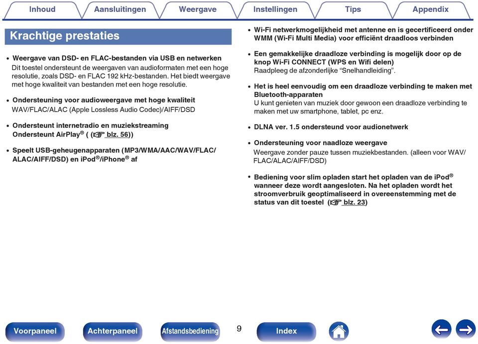 0 Ondersteuning voor audioweergave met hoge kwaliteit WAV/FLAC/ALAC (Apple Lossless Audio Codec)/AIFF/DSD 0 Ondersteunt internetradio en muziekstreaming Ondersteunt AirPlay ( (v blz.