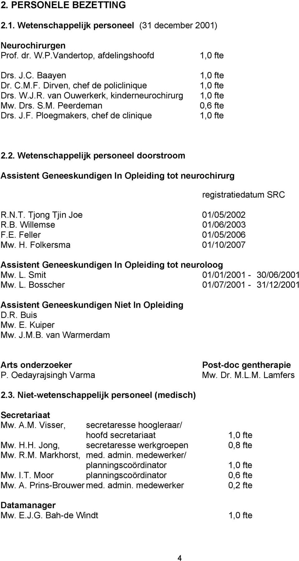 2. Wetenschappelijk personeel doorstroom Assistent Geneeskundigen In Opleiding tot neurochirurg registratiedatum SRC R.N.T. Tjong Tjin Joe 01/05/2002 R.B. Willemse 01/06/2003 F.E.