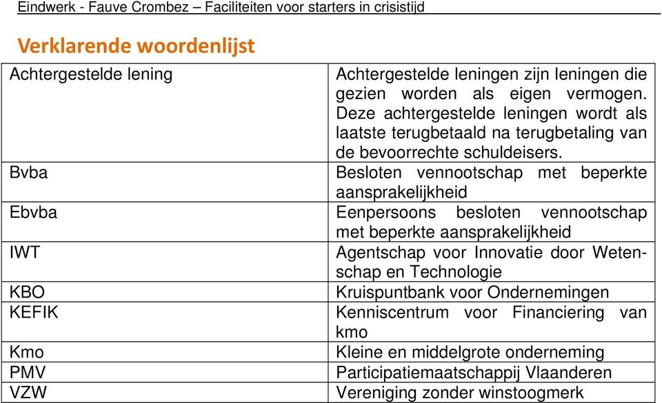 Bvba Besloten vennootschap met beperkte aansprakelijkheid Ebvba Eenpersoons besloten vennootschap met beperkte aansprakelijkheid IWT Agentschap voor Innovatie door