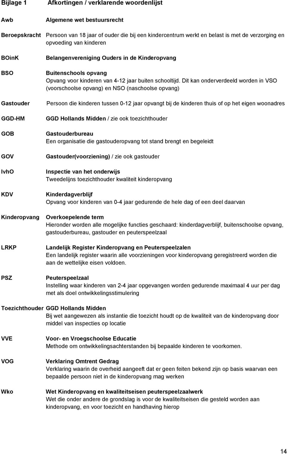 Dit kan onderverdeeld worden in VSO (voorschoolse opvang) en NSO (naschoolse opvang) Persoon die kinderen tussen 0-12 jaar opvangt bij de kinderen thuis of op het eigen woonadres GGD Hollands Midden