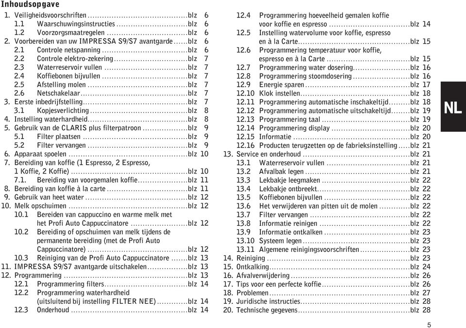 ..blz 7 3.1 Kopjesverlichting...blz 8 4. Instelling waterhardheid...blz 8 5. Gebruik van de CLARIS plus filterpatroon...blz 9 5.1 Filter plaatsen...blz 9 5.2 Filter vervangen...blz 9 6.