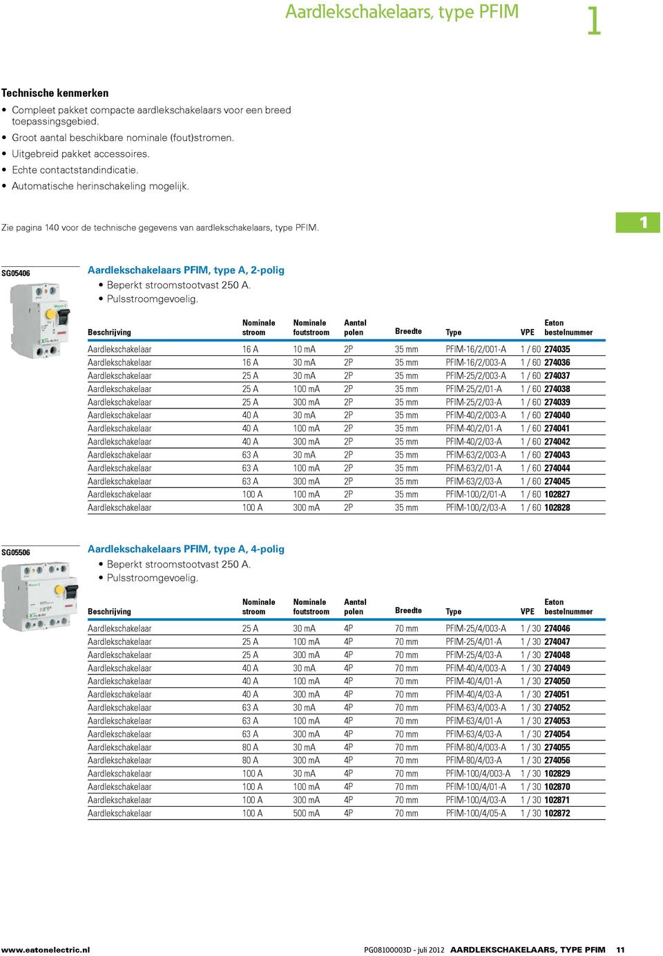 1 SG05406 Aardlekschakelaars PFIM, type A, 2-polig Beperkt stroomstootvast 250 A. Pulsstroomgevoelig.