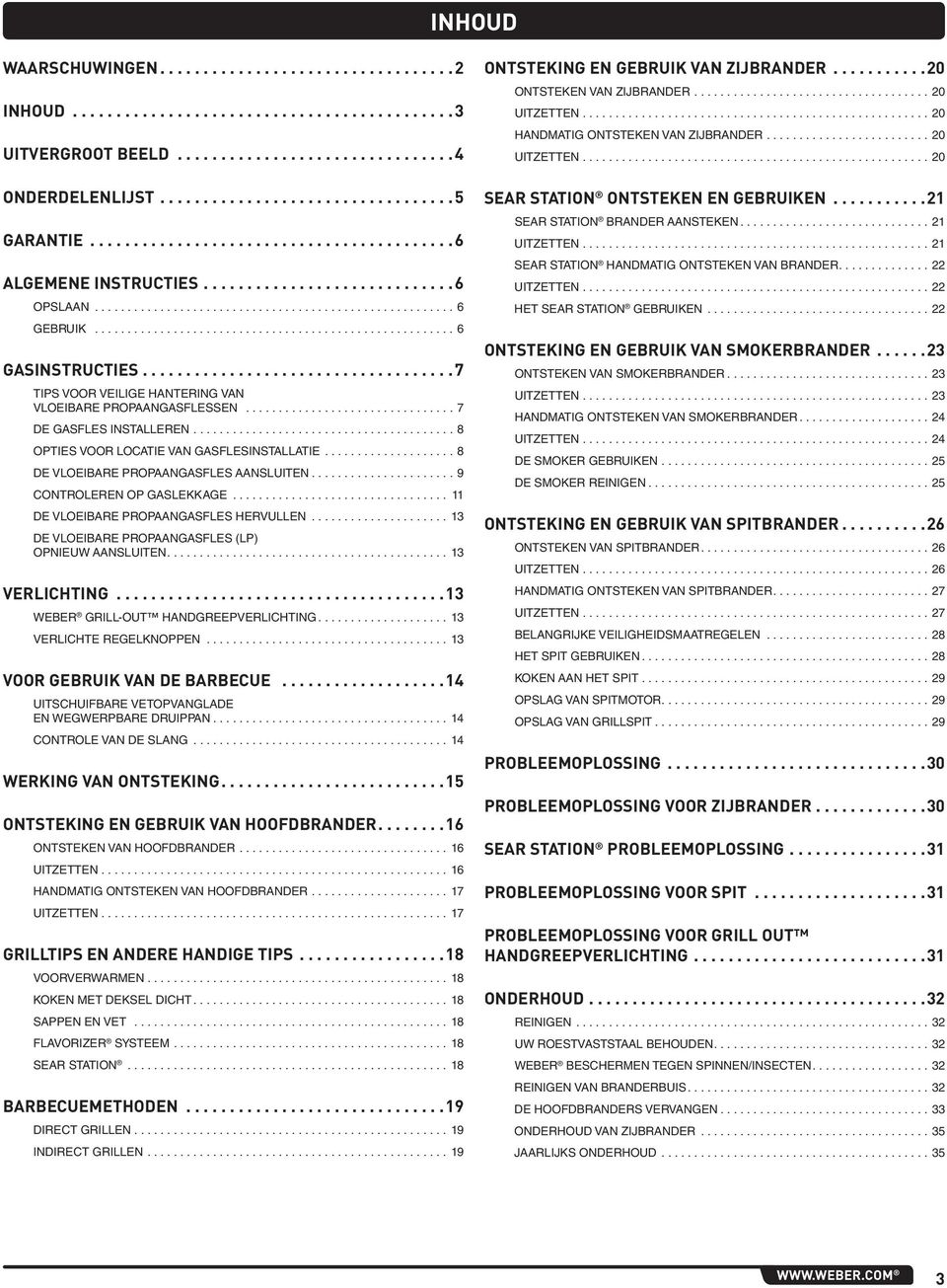 ...9 CONTROLEREN OP GASLEKKAGE... DE VLOEIBARE PROPAANGasfles HERVULLEN... DE VLOEIBARE PROPAANGasfles (LP) OPNIEUW AANSLUITEN.... VERLICHTING... WEBER GRILL-OUT HANDGREEPVERLICHTING.