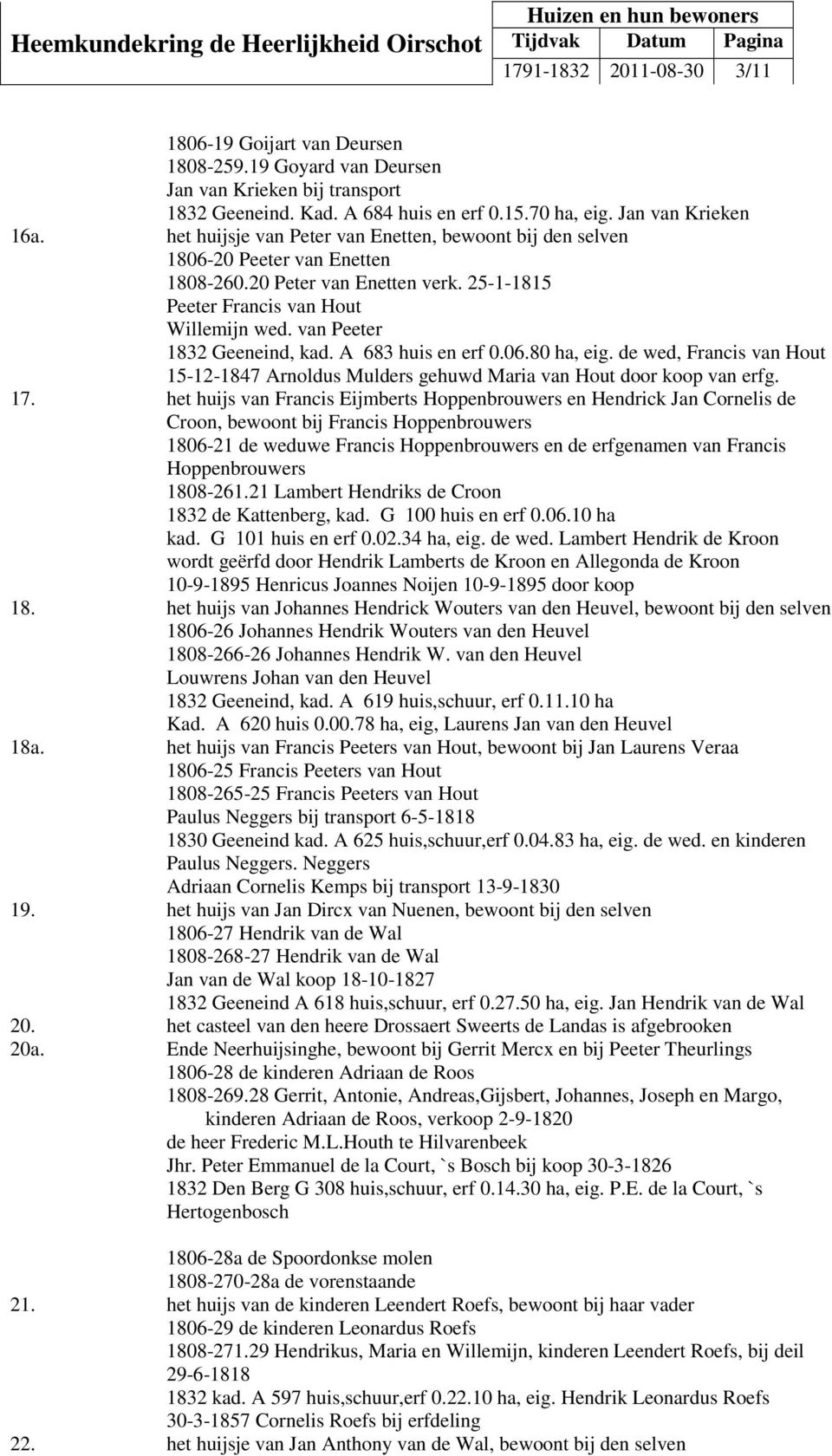 A 683 huis en erf 0.06.80 ha, eig. de wed, Francis van Hout 15-12-1847 Arnoldus Mulders gehuwd Maria van Hout door koop van erfg. 17.