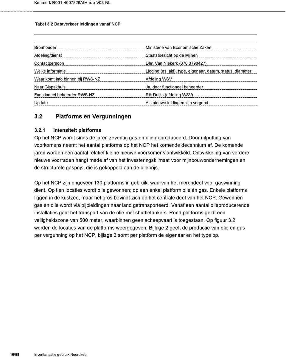 Functioneel beheerder RWS-NZ Rik Duijts (afdeling WSV) Update Als nieuwe leidingen zijn vergund 3.2 Platforms en Vergunningen 3.2.1 Intensiteit platforms Op het NCP wordt sinds de jaren zeventig gas en olie geproduceerd.