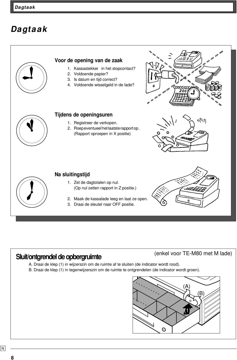 (Op nul zetten rapprt in psitie.) 2. Maak de kassalade leeg en laat ze pen. 3. Draai de sleutel naar psitie.